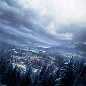 Escena nevada con ciudad y árboles — Estética de nieve Fondos de pantalla