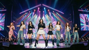 TWICE actuando en un escenario vibrante con luces de neón. — Twice Fondos de pantalla