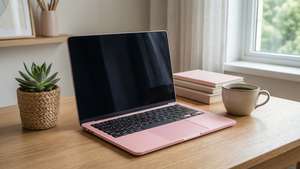 Fondo de pantalla de escritorio con estética suave, laptop rosa, suculenta y café. — Estética suave GIF Fondos de pantalla