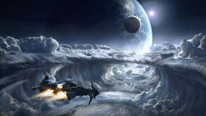 Fondo de pantalla de arte digital espacial de una nave espacial.