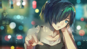 Fondo de pantalla de chica anime de pelo negro corto tocando un vidrio de ventana