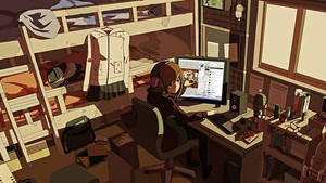 Estación de trabajo con laptop de chica anime iluminada por sombras — Anime laptop Fondos de pantalla