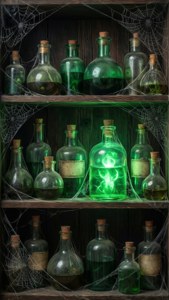 Viejos frascos de pociones con brillo verde para un fondo de pantalla oscuro con estética Slytherin.
