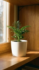 Fondo de pantalla de Una linda planta minimalista en un estante con luz solar.