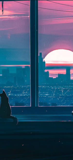 Estética Anime de Atardecer Fascinante para iPhone - Un Gato Junto a la Ventana
