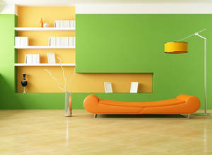 Sala de estar hogareña con estética verde y sofá naranja — Estética minimalista Fondos de pantalla