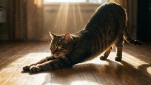 Un gato estirándose en un rayo de sol sobre un piso de madera. — Gato Fondos de pantalla