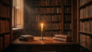 Una acogedora escena de biblioteca de academia oscura con luz de velas y libros antiguos.