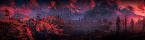 Fondo de pantalla de atardecer rojo oscuro con montañas.