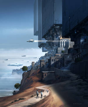 Hermoso fondo de pantalla de fantasía de una ciudad futurista cerca del mar — Galaxy Z Fold 5 Fondos de pantalla