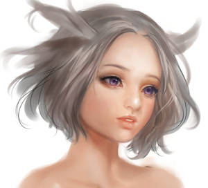 Fondo de pantalla de arte digital 3D de chica anime con cabello corto blanco y ojos morados