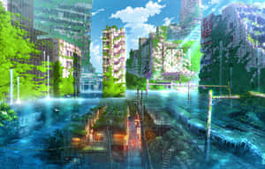Escena de Tokio abandonado en estilo anime con edificios altos y calles vacías al atardecer