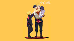 Naruto adulto cargando a Hinata con sus hijos.