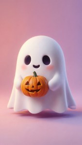 Un lindo fondo de pantalla de Halloween en tonos pastel con un fantasma amigable sosteniendo una calabaza sobre un fondo suave rosa y lavanda.