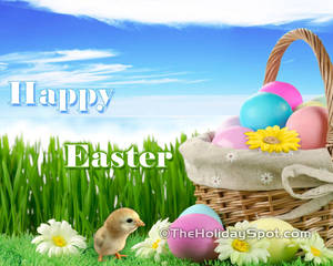 Saludo de Felices Pascuas con huevos de Pascua rosas y azules y pollito, fondo de Pascua — 5:4 Fondos de pantalla