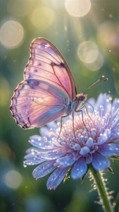 Una delicada mariposa rosa pastel y lavanda sobre una flor azul con bokeh. — Pastel Fondos de pantalla