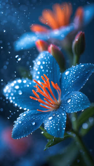 azul,flor,pétalos,naranja,estambres,gotitas,floración,vívido,naturaleza,primer plano