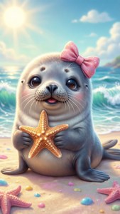 Linda foca kawaii con un lazo en la playa. — Kawaii Fondos de pantalla