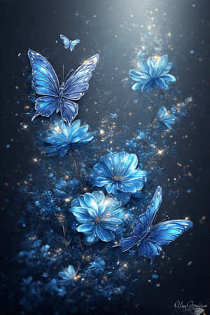 flores azules, mariposas brillantes, arte vectorial, hermoso, naturaleza, mágico, fondo de pantalla — iPhone 4 Fondos de pantalla