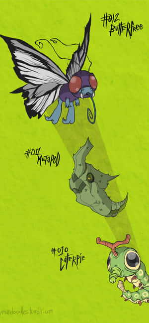 Fondo de pantalla estética verde de Caterpie, Metapod y Butterfree — Vivo X200 FE Fondos de pantalla