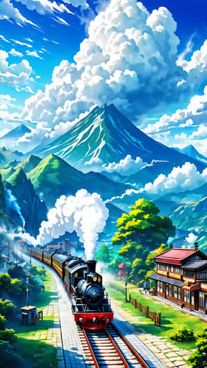anime, naturaleza anime, tren, naturaleza, lofi, fondo lofi, estación de tren, ferrocarril, wallpaper, fondo, 4k, caricatura, estilo anime, escena, montañas, paisaje lofi, naturaleza lofi, cielo, tren de montaña