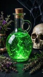 Frasco de poción de bruja con brillo verde y decoración de calavera — Estética de halloween Fondos de pantalla