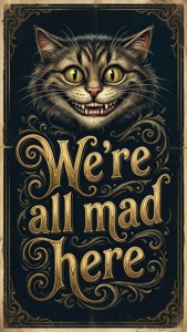 Fondo de pantalla tipográfico con el Gato de Cheshire y la frase 'Todos estamos locos aquí'. — Gato de Cheshire Fondos de pantalla