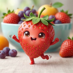 Divertida fresa kawaii bailando con amigos frutales. — Kawaii Fondos de pantalla