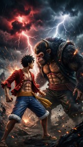 Luffy en Gear Fourth luchando contra Kaido bajo un cielo tormentoso. — iPhone 7 Fondos de pantalla
