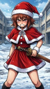Taiga Aisaka con vestido de Santa y espada de madera en la nieve
