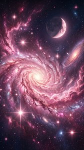 Una galaxia rosa pastel de ensueño con estrellas y una luna creciente. — Rosa pastel Fondos de pantalla