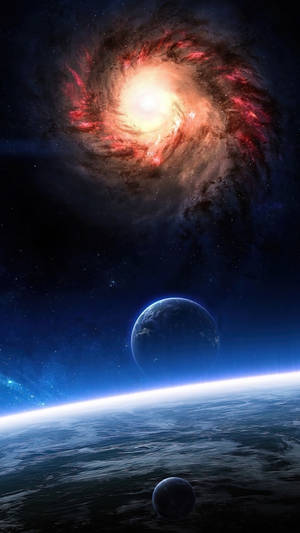 Galaxia sobre planetas en el espacio 4K para teléfono