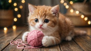 Fondo de pantalla de Un adorable gatito jugando con estambre en un entorno acogedor.