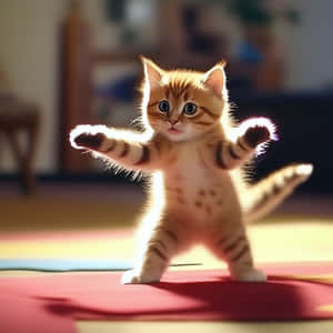 Gatito juguetón bailando en habitación iluminada por el sol