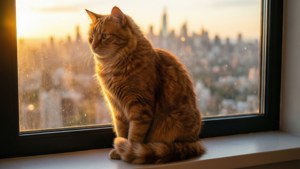 Un gato atigrado naranja silueteado contra un atardecer dorado sobre la ciudad. — Gato Fondos de pantalla