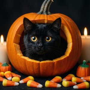 Adorable gato negro asomándose desde una calabaza iluminada con dulces de maíz. — Lindos de Halloween Fondos de pantalla