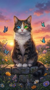 Un hermoso gato con ojos de diferente color en un prado — Gato anime Fondos de pantalla
