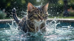 Gato anime de agua elemental jugando en una fuente.