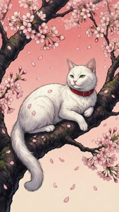Un elegante gato descansando en una rama de sakura — Gato anime Fondos de pantalla