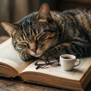Un gato durmiendo sobre un libro con gafas y café. — Gato Fondos de pantalla