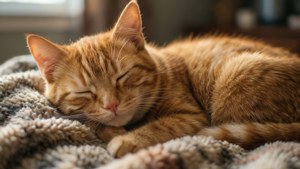 Una foto conmovedora de un gato durmiendo sobre una cobija, ideal para los amantes de los animales.