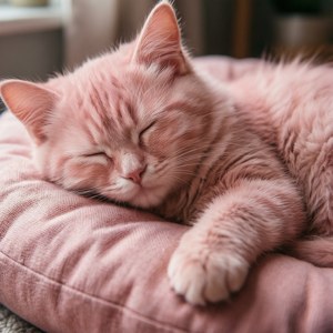 Gato esponjoso de color rosa pastel durmiendo sobre un cojín — Rosa pastel Fondos de pantalla