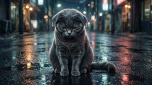 Un gato gris solitario bajo la lluvia — Gato anime Fondos de pantalla