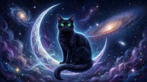 Un gato negro místico sobre una luna creciente — Gato anime Fondos de pantalla