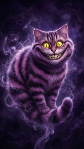Místico Gato de Cheshire flotando en un vacío púrpura con ojos brillantes. — iPhone 6 Fondos de pantalla