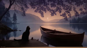 gato,animal,mascota,muelle,lago,crepúsculo,montañas,bote,naturaleza,paisaje,sereno,místico,pacífico,reflejo,exterior