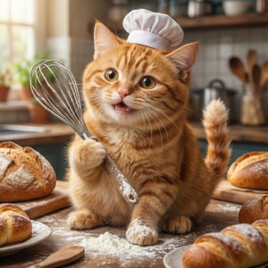 Un lindo gato panadero en una cocina soleada
