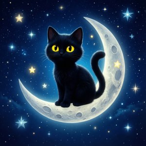 Un místico gato negro de Toca Boca sentado sobre una luna creciente. — Galaxy Watch Fondos de pantalla