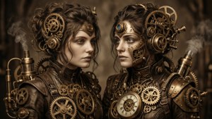 Gemelos Géminis inspirados en el steampunk con intrincados detalles mecánicos, perfectos para un fondo de pantalla único. — 1366x768 Fondos de pantalla