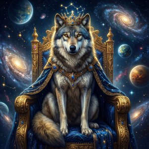 Un lobo galáctico majestuoso se sienta en un trono de estrellas, coronado con constelaciones. — Galaxia lobo Fondos de pantalla
